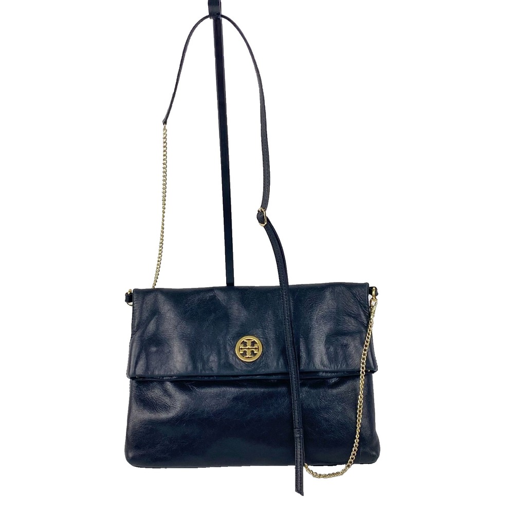 Tory Burch Leather Foldover Handbag Black Convertible Purse Clutch Shoulder Bag